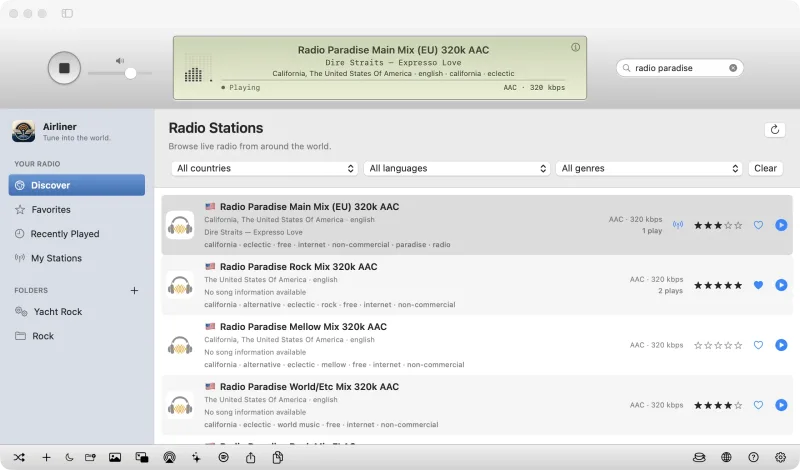 Airliner for Mac playing an internet radio station with a sage-green LCD and a station list