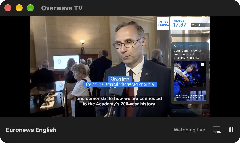 The Overwave TV floating window with Euronews English playing, a Watching live label and Picture in Picture and pause buttons