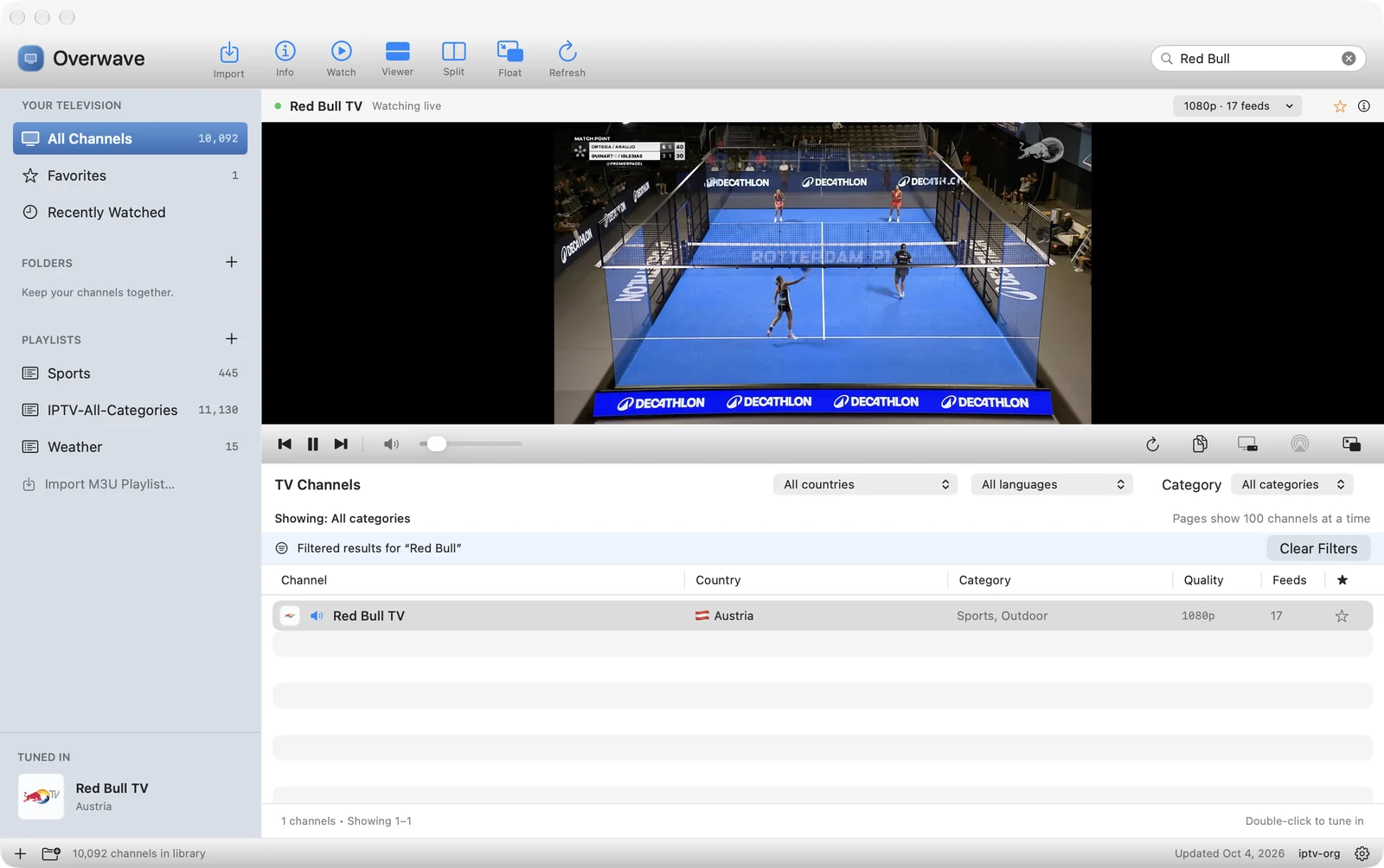 Overwave for Mac playing Red Bull TV in the integrated viewer, with the toolbar, blue sidebar with Favorites and playlists, and the channel search results below