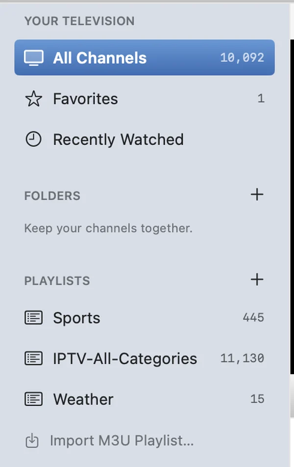 Overwave's blue sidebar with All Channels, Favorites, Recently Watched, Folders and Playlists named Sports, IPTV-All-Categories and Weather